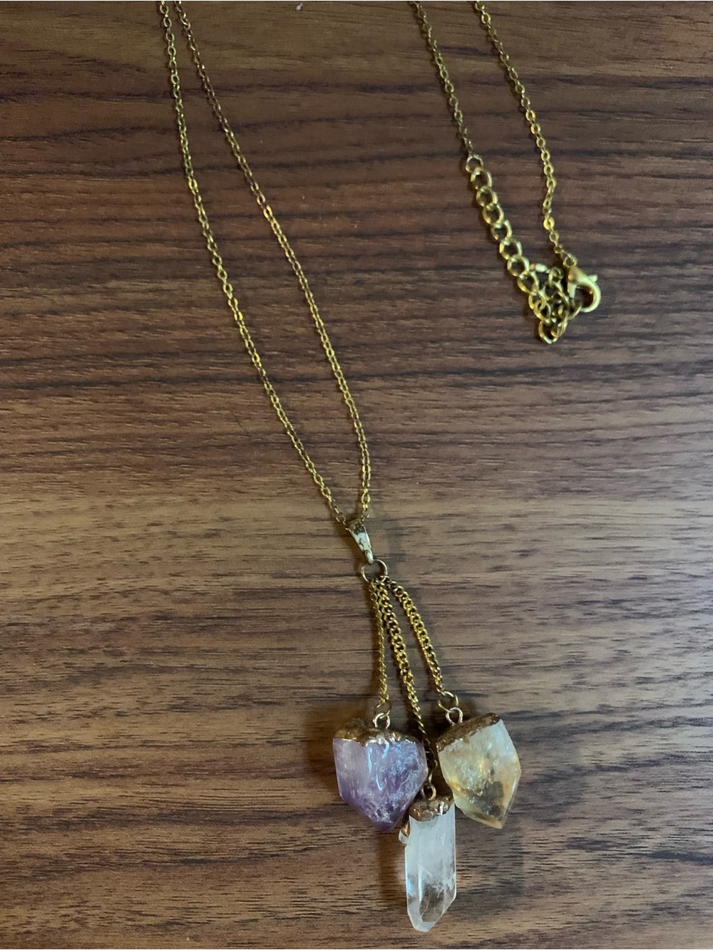 Triple Stone Pendant Necklace in Gold with Amethyst, Citrine and Clear Quartz